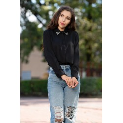 Camasa neagra office din voal cu guler decorat cu strassuri