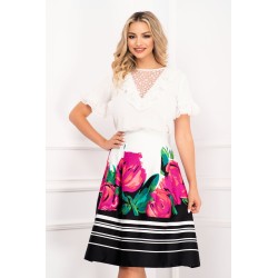 Fusta Effect din bumbac in clos cu dungi si imprimeu floral