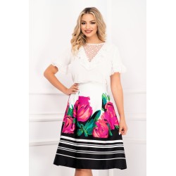 Fusta Effect din bumbac in clos cu dungi si imprimeu floral