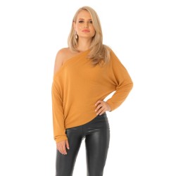 Pulover Pretty Girl mustar din vascoza cu umarul gol si maneci tip fluture