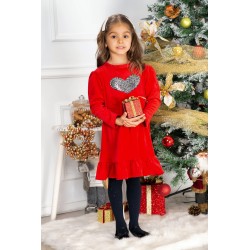 Rochie fetita Alma rosie din catifea cu inima din paiete