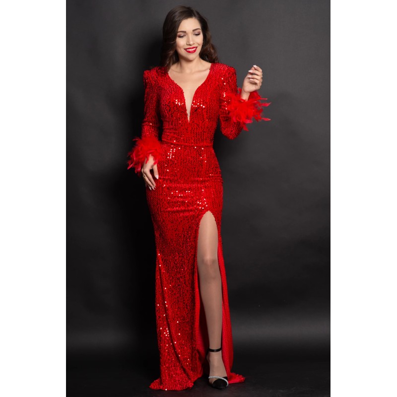 Rochie rosie de seara tip sirena Serafina cu paiete si fulgi