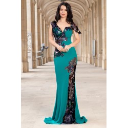 Rochie eleganta tip sirena Kany aqua cu model din paiete si flori pastelate
