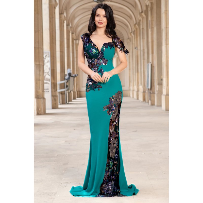 Rochie eleganta tip sirena Kany aqua cu model din paiete si flori pastelate
