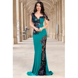 Rochie eleganta tip sirena Kany aqua cu model din paiete si flori pastelate