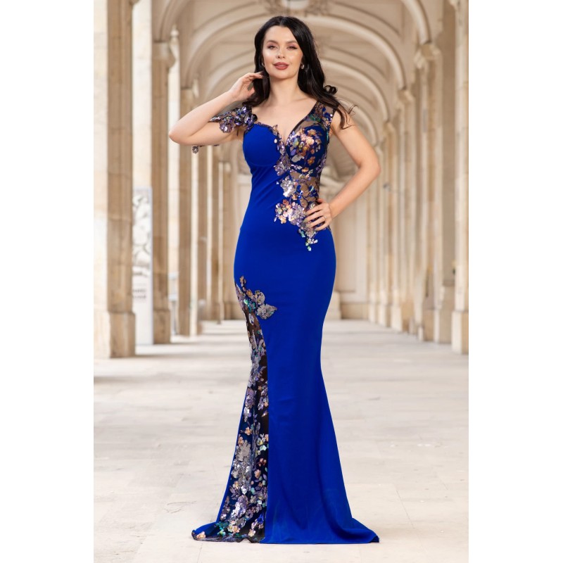 Rochie de seara tip sirena Kany albastru royal cu model din paiete si flori pastelate
