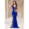 Rochie de seara tip sirena Kany albastru royal cu model din paiete si flori pastelate