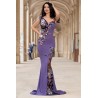 Rochie de seara tip sirena Kany lila cu model din paiete si flori pastelate