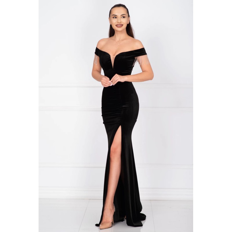 Rochie de seara neagra Roselia din catifea cu franjuri din strassuri