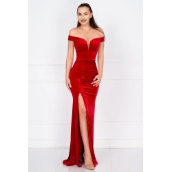 Rochie de seara rosie Roselia din catifea cu franjuri din strassuri