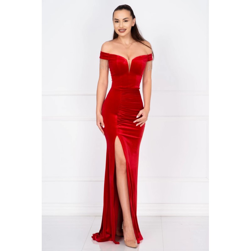Rochie de seara rosie Roselia din catifea cu franjuri din strassuri