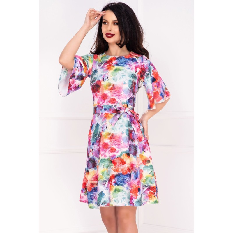 Rochie in clos Molly cu maneci evazate si imprimeu colorat by InPuff
