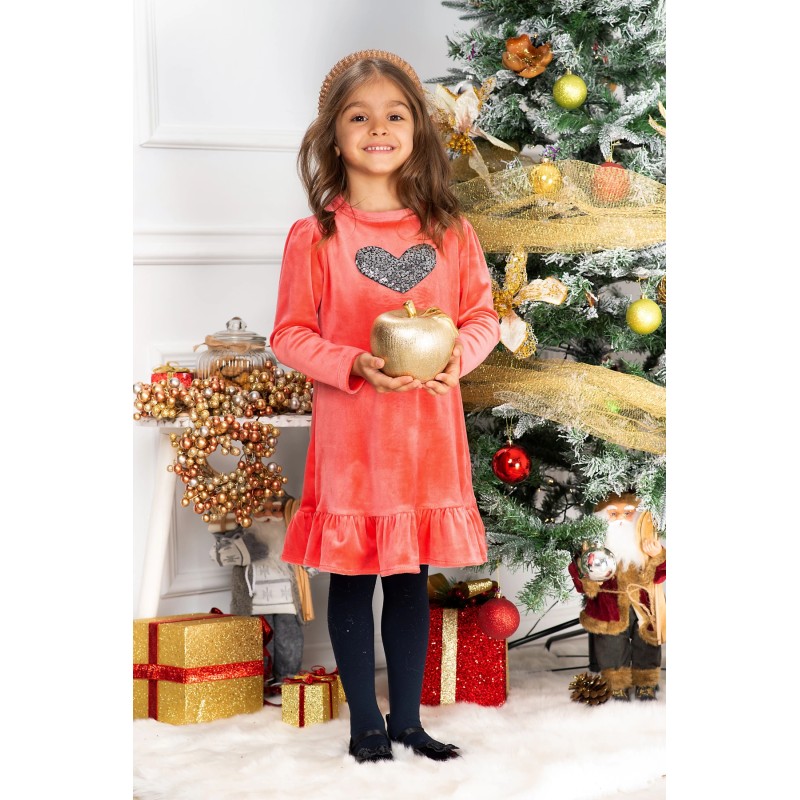 Rochie fetita Alma roz din catifea cu inima din paiete