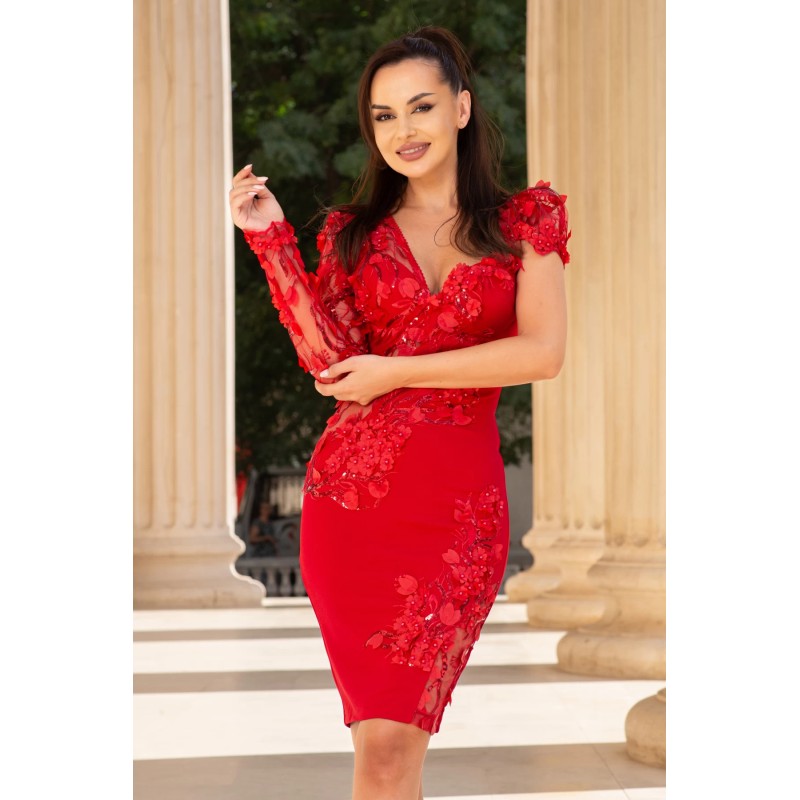 Rochie rosie Lydia eleganta cambrata cu flori 3D