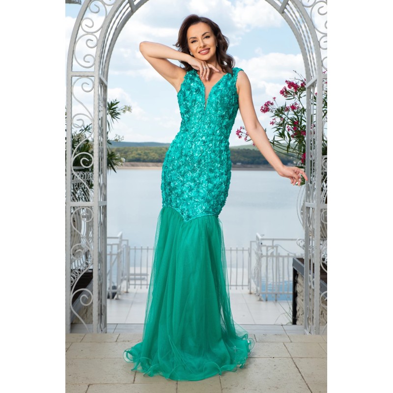 Rochie de seara verde eleganta tip sirena Elvira cu trandafiri 3D