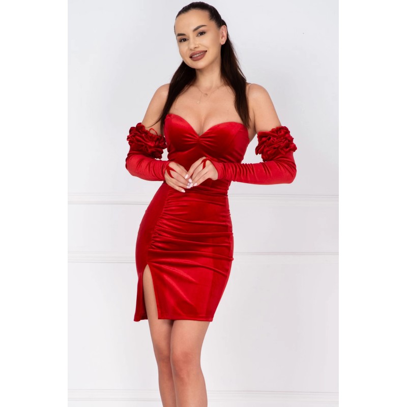 Rochie rosie din catifea Irene cu maneci detasabile