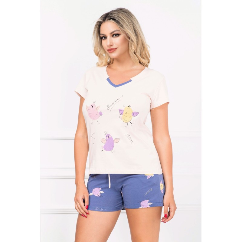 Pijama de dama din bumbac cu puisori colorati