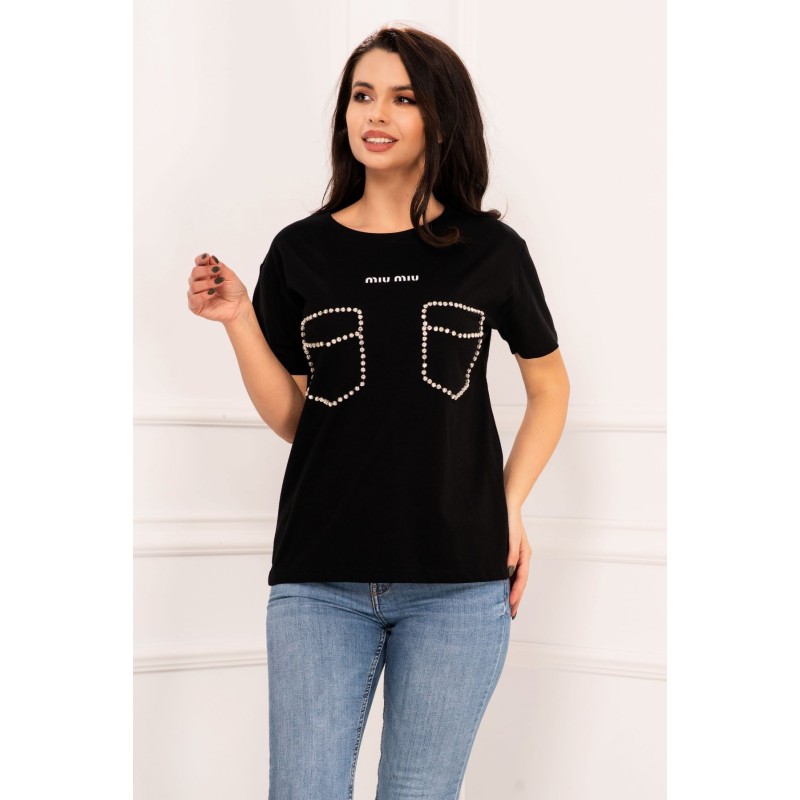 Tricou casual negru cu buzunare decorative din strass