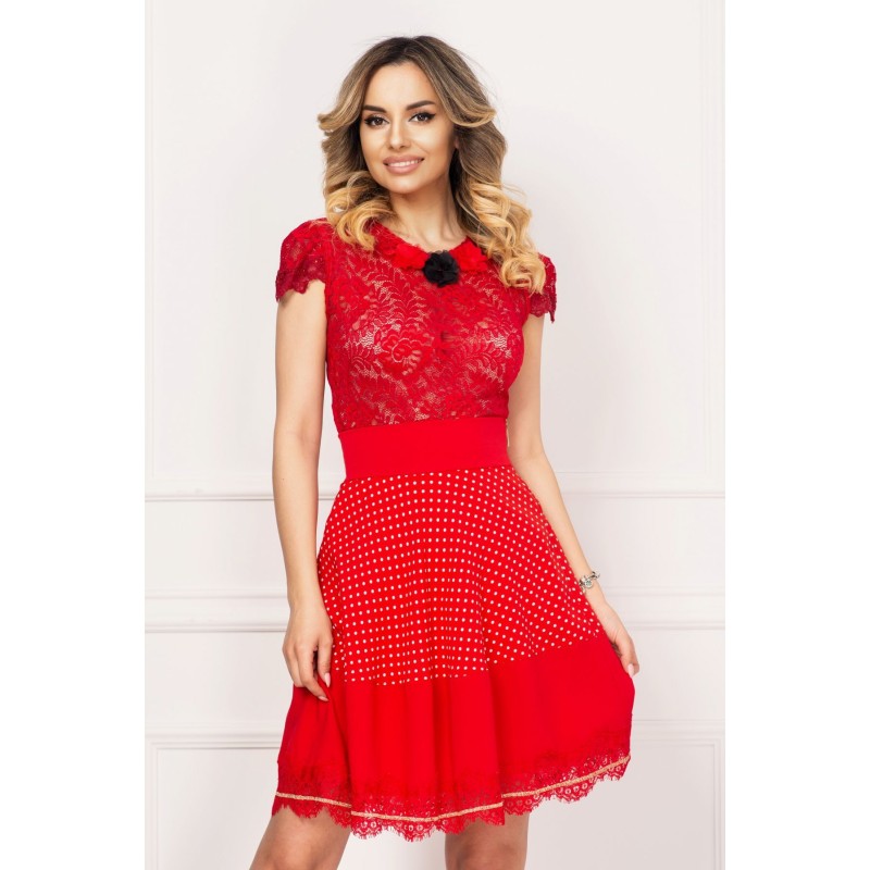 Bluza rosie din dantela cu paiete si flori 3D