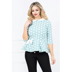 Bluza InPuff turquoise cu buline si peplum cu funda ecru in talie