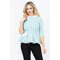 Bluza InPuff turquoise cu buline si peplum cu funda ecru in talie