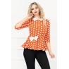 Bluza InPuff caramizie cu buline si peplum cu funda ecru in talie