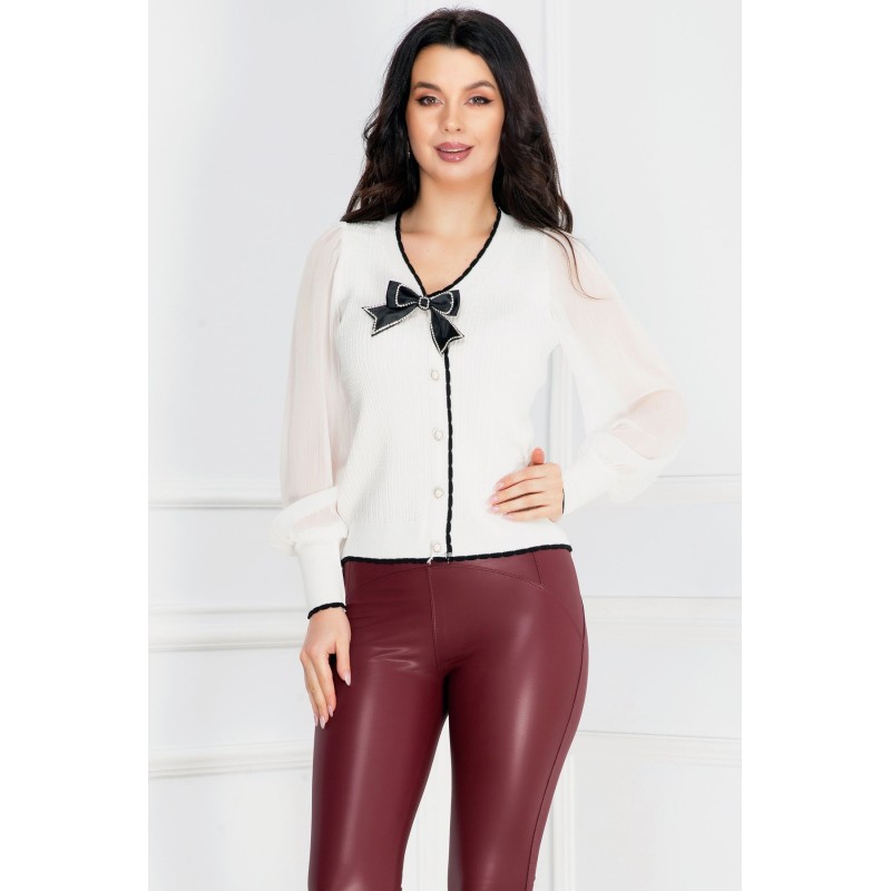 Bluza ivoire de primavara cu maneci din voal si fundita neagra
