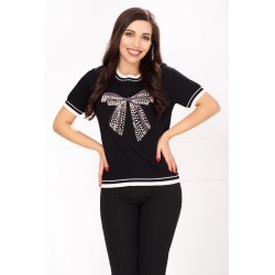 Bluza casual neagra din tricot fin cu funda din perle