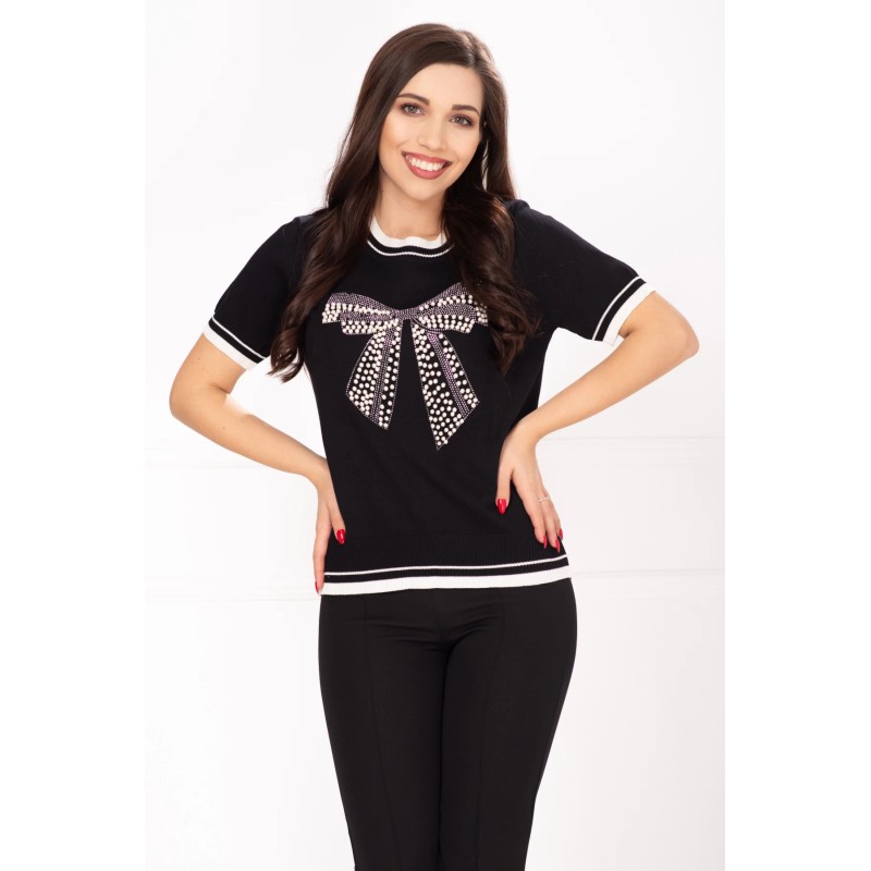 Bluza casual neagra din tricot fin cu funda din perle