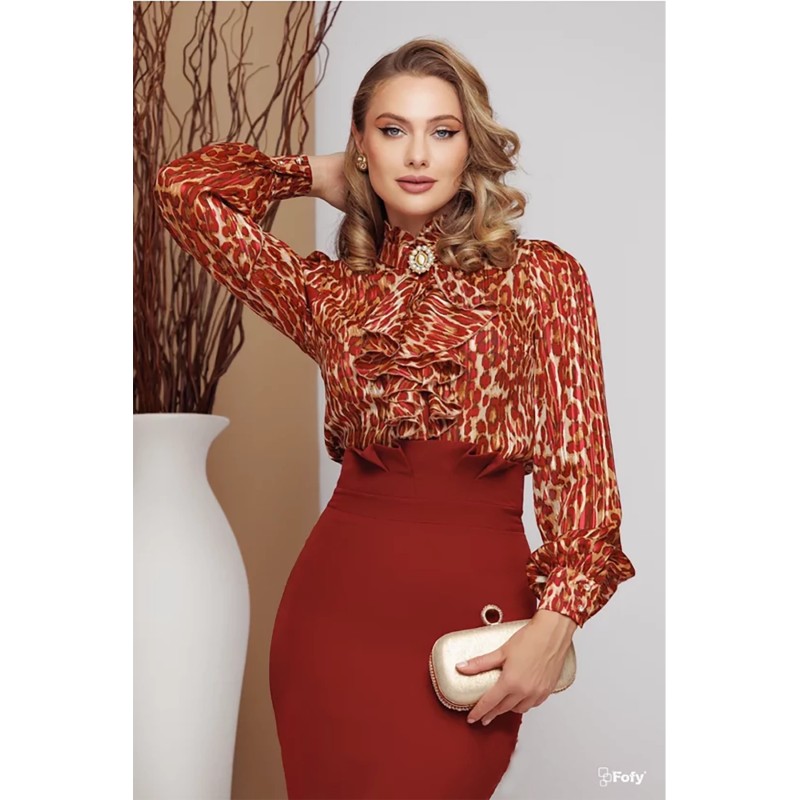 Bluza dama eleganta din voal bordo cu animal print si jabou