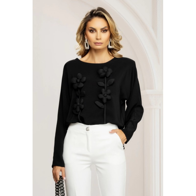 Bluza dama eleganta neagra cu flori 3D aplicate