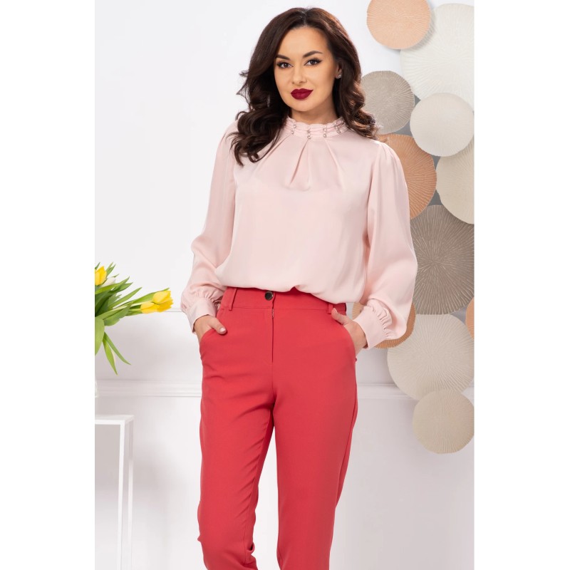 Bluza dama eleganta rose cu fronseuri si guler accesorizat cu strassuri