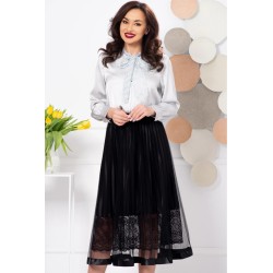 Bluza dama eleganta gri cu guler tip esarfa din dantela