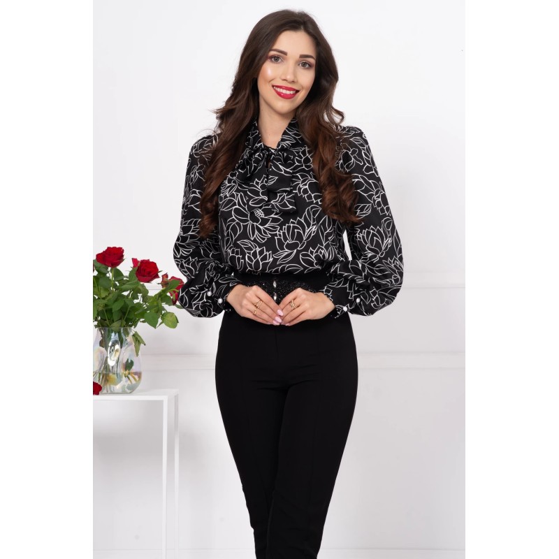 Bluza dama neagra cu imprimeu floral si guler tip esarfa