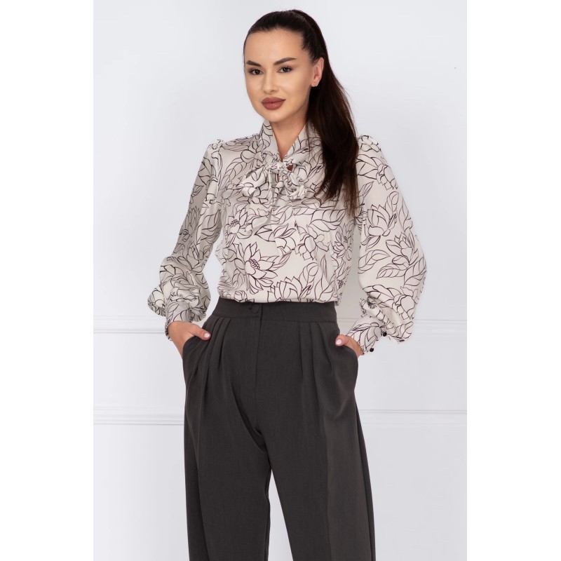 Bluza dama alba cu imprimeu floral si guler tip esarfa