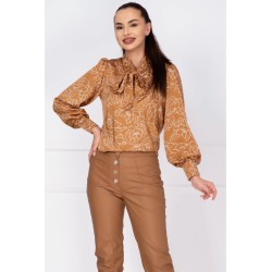 Bluza dama cappuccino cu imprimeu floral si guler tip esarfa