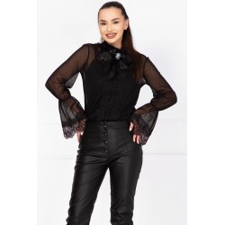 Bluza eleganta Effect neagra cu dantela si funda neagra cu brosa la gat