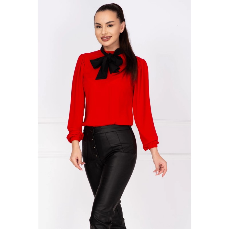 Bluza eleganta rosie din voal InPuff cu guler tip esarfa