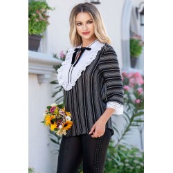 Bluza eleganta neagra Legendaria by Venezia cu dungi cusute si platca alba brodata
