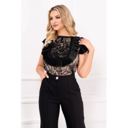Bluza Effect eleganta neagra din dantela cu pliseuri din satin si margelute