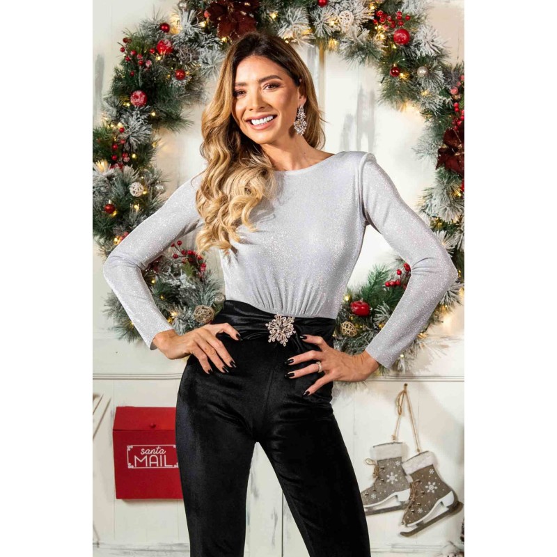 Body din lycra Pretty Girl argintiu cu spatele gol si lant pe spate