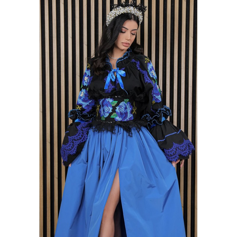 Brau traditional Talisman Albastru cu motivul trandafirului