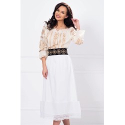 Brau dama traditional Filofteia brodat cu motive bej inpirate din portul romanesc