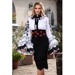 Brau etno brodat cu motivul florii de craita rosie