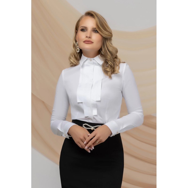 Camasa office Pretty Girl ecru din bumbac cu jabou aplicat