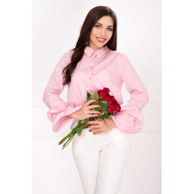 Camasa dama rose din bumbac cu volane la maneci