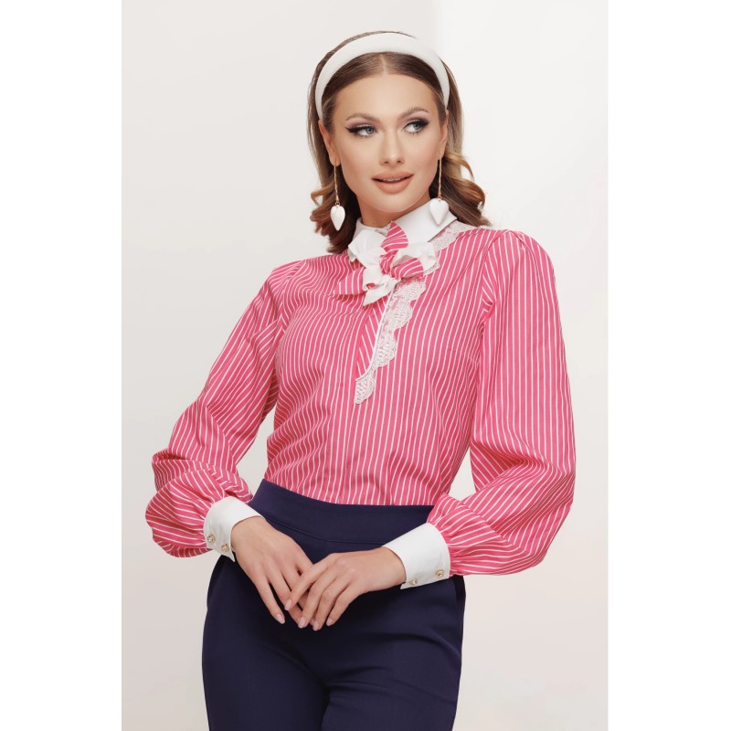 Camasa dama office ciclame cu dungi si floare detasabila