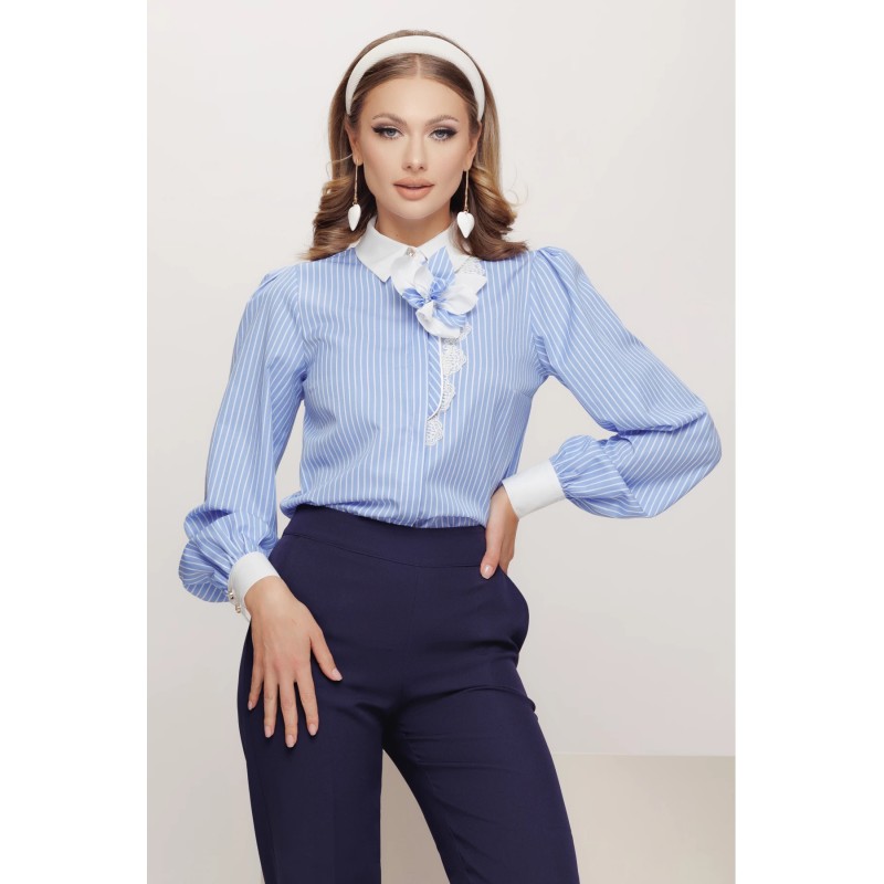Camasa dama office albastra cu dungi si floare detasabila