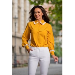 Camasa InPuff din voal mustar cu volanase cu buline la guler
