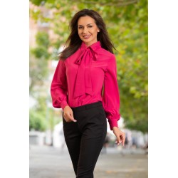 Bluza din voal ciclam cu funda stilizata din panglica si mansete late